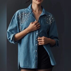 Anthropologie Pilcro Rhinestone Crystal denim shirt snap buttons  XS oversized
